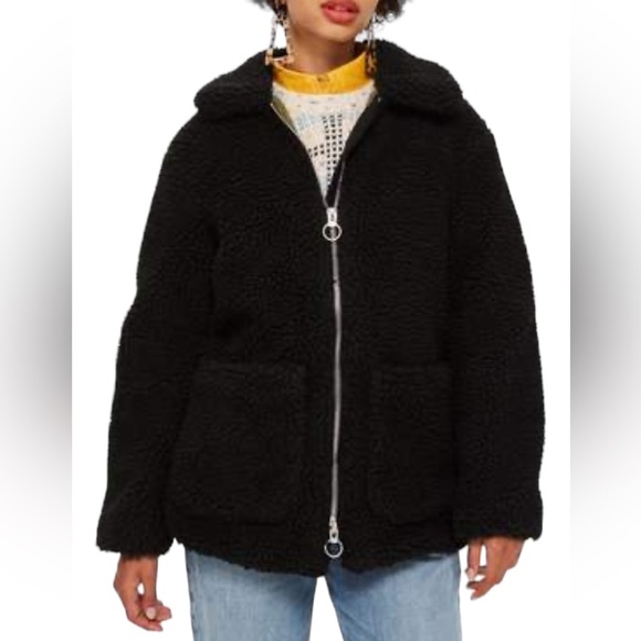 Top Shop Borg Jacket US Size 2 Black Sherpa Winter coat - Picture 4 of 12